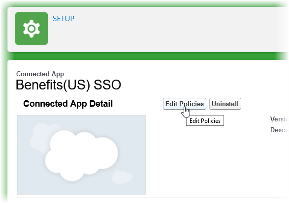 Screenshot: Selecting Edit Policies on the Benefits(US) SSO connected app detail page